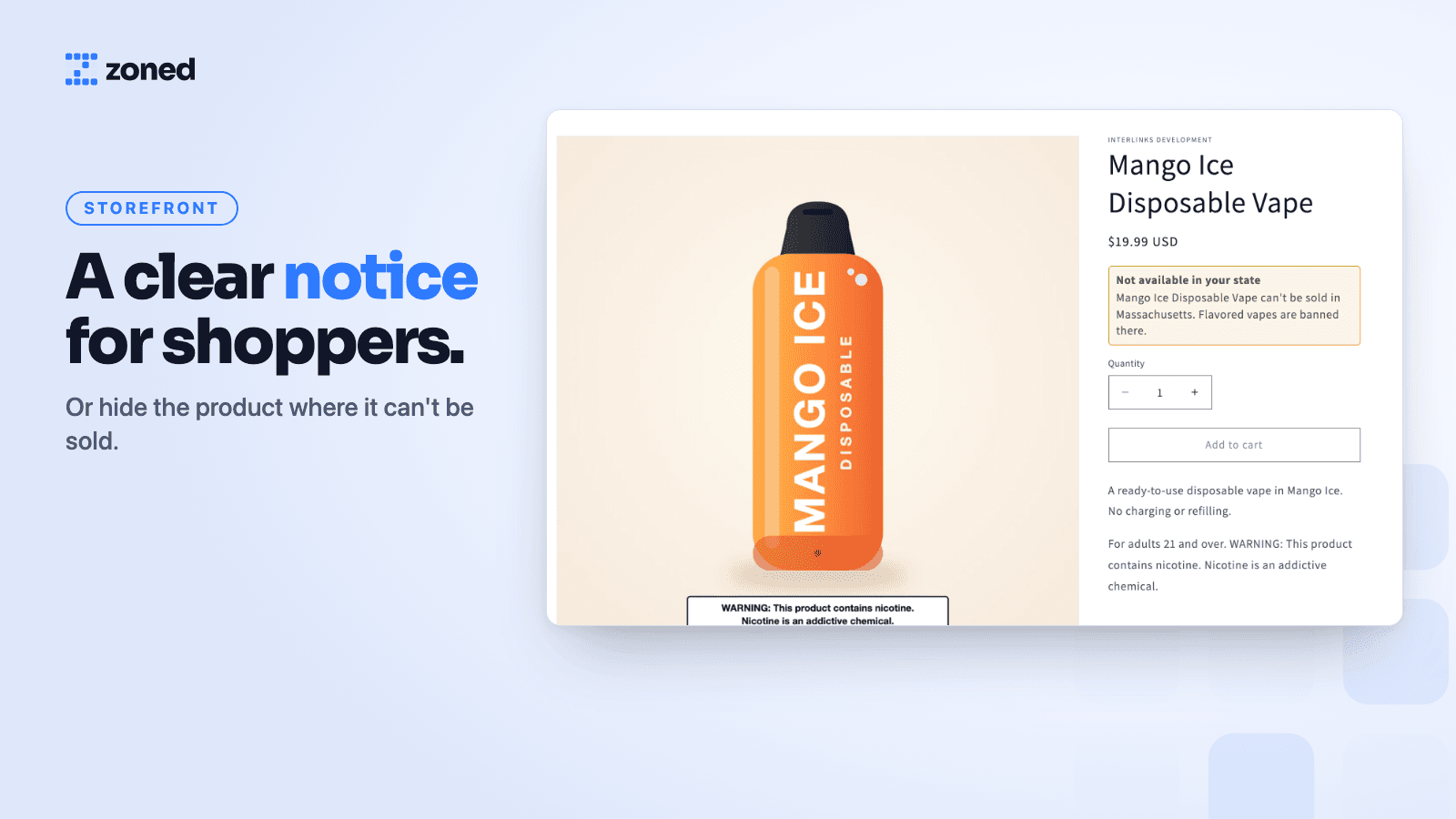 A product page showing a notice that the product can't be sold in the shopper's state, with add to cart disabled